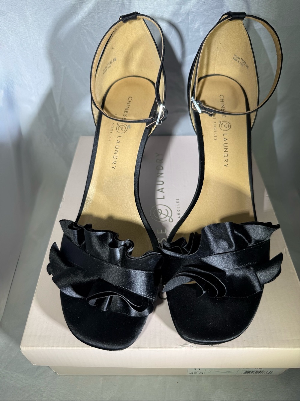 Chinese Laundry Black Satin Ruffle Ankle-Strap Heels